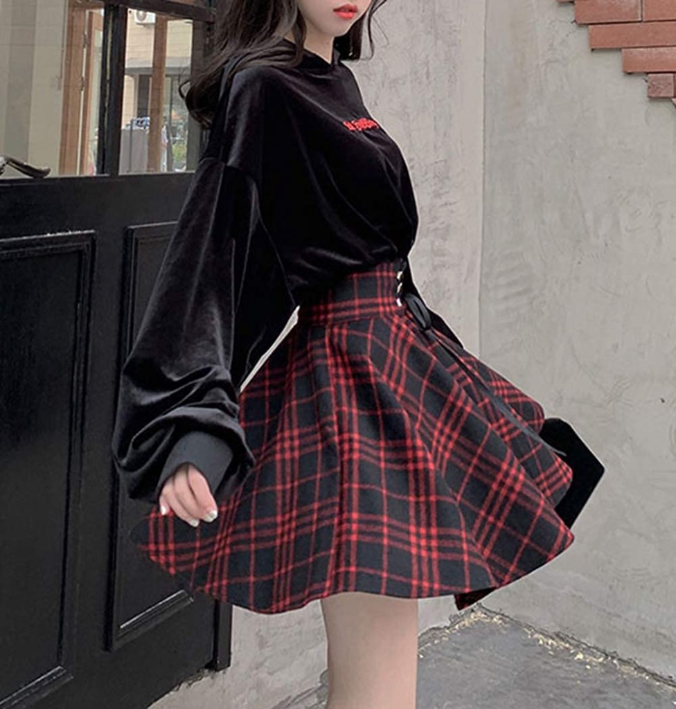 Women's High Waisted A-line Gothic Skirt Short Flare Mini Black Red Plaid Pleated Skirt 