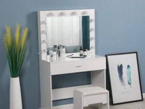 Vanity Set with Lighted Mirror, Makeup Dressing Table with 12 Led Dimmable Bulbs, Makeup Table with Large Drawers and Cushioned Stool for Bedroom Furniture (Z-White)