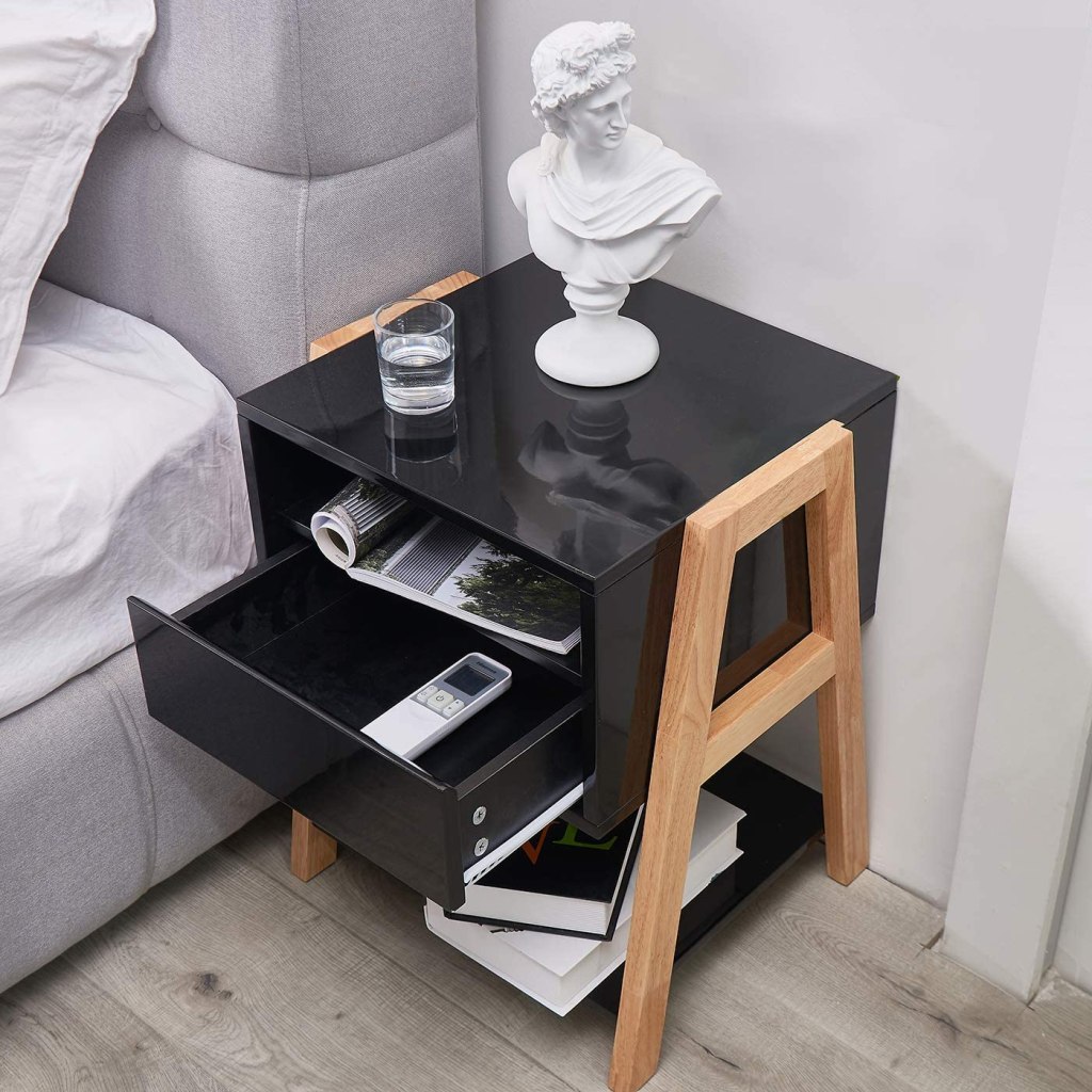 TaoHFE Nightstands Black, Bedside Table with Drawer, Storage Shelves