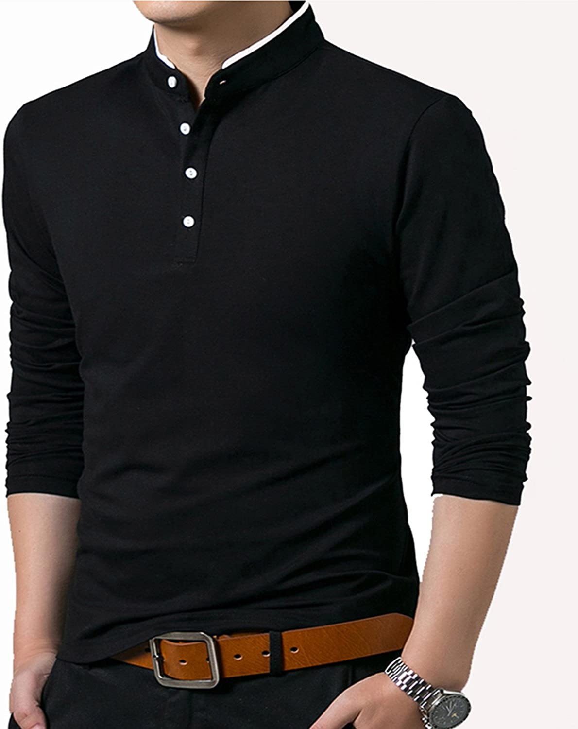 KUYIGO Men’s Casual Slim Fit Shirts Pure Color Long Sleeve Polo Fashion ...