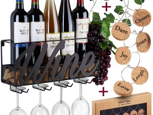 Wall Mounted Wine Rack - Bottle & Glass Holder - Cork Storage - Store Red, White, Champagne - Comes with 6 Cork Wine Charms - Home & Kitchen Décor - Designed by Anna Stay, Wine