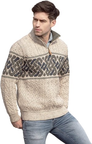 Aran Crafts Men's Irish Cable Knit Half Zip Jacquard Sweater (100%