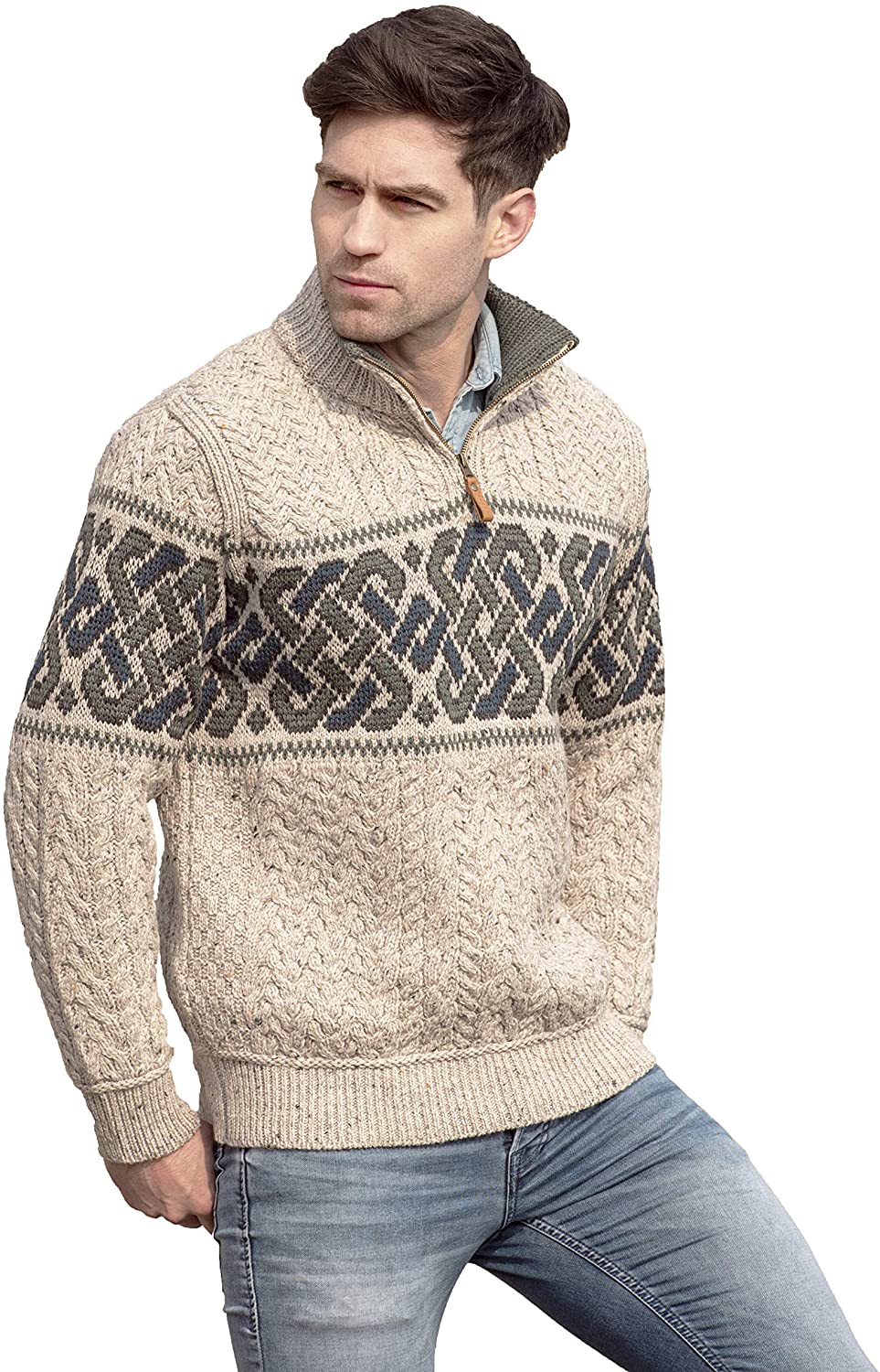 Aran Crafts Men's Irish Cable Knit Half Zip Jacquard Sweater (100% ...