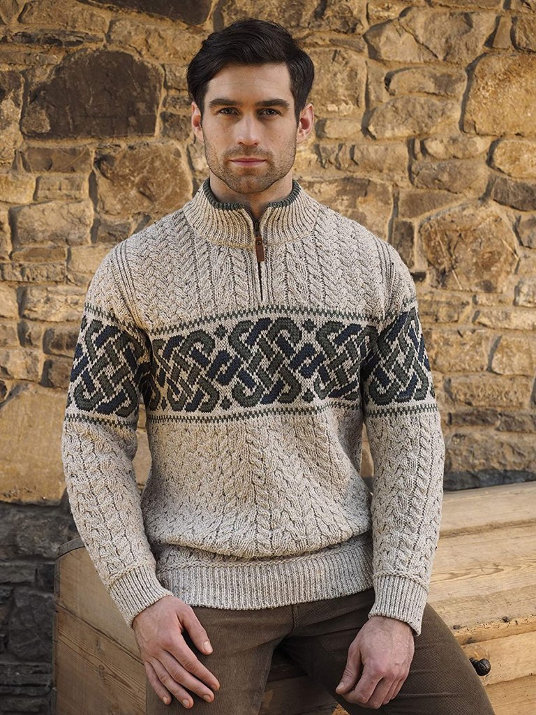 Aran Crafts Men's Irish Cable Knit Half Zip Jacquard Sweater (100% ...